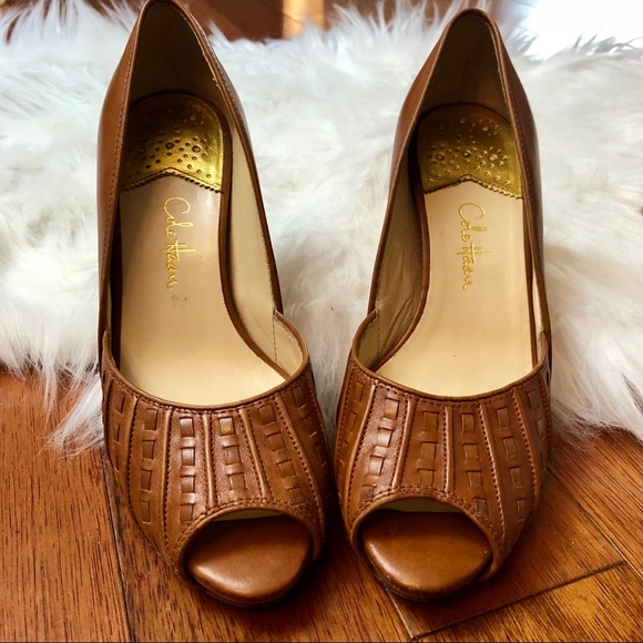 cognac peep toe heels